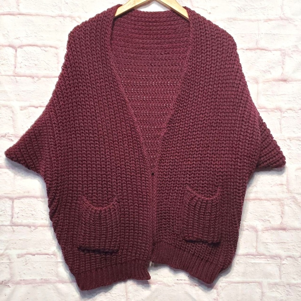 Italian Made Burgundy Chunky Knit Open Cardigan Sweater Wool Blend Cozy Womens S